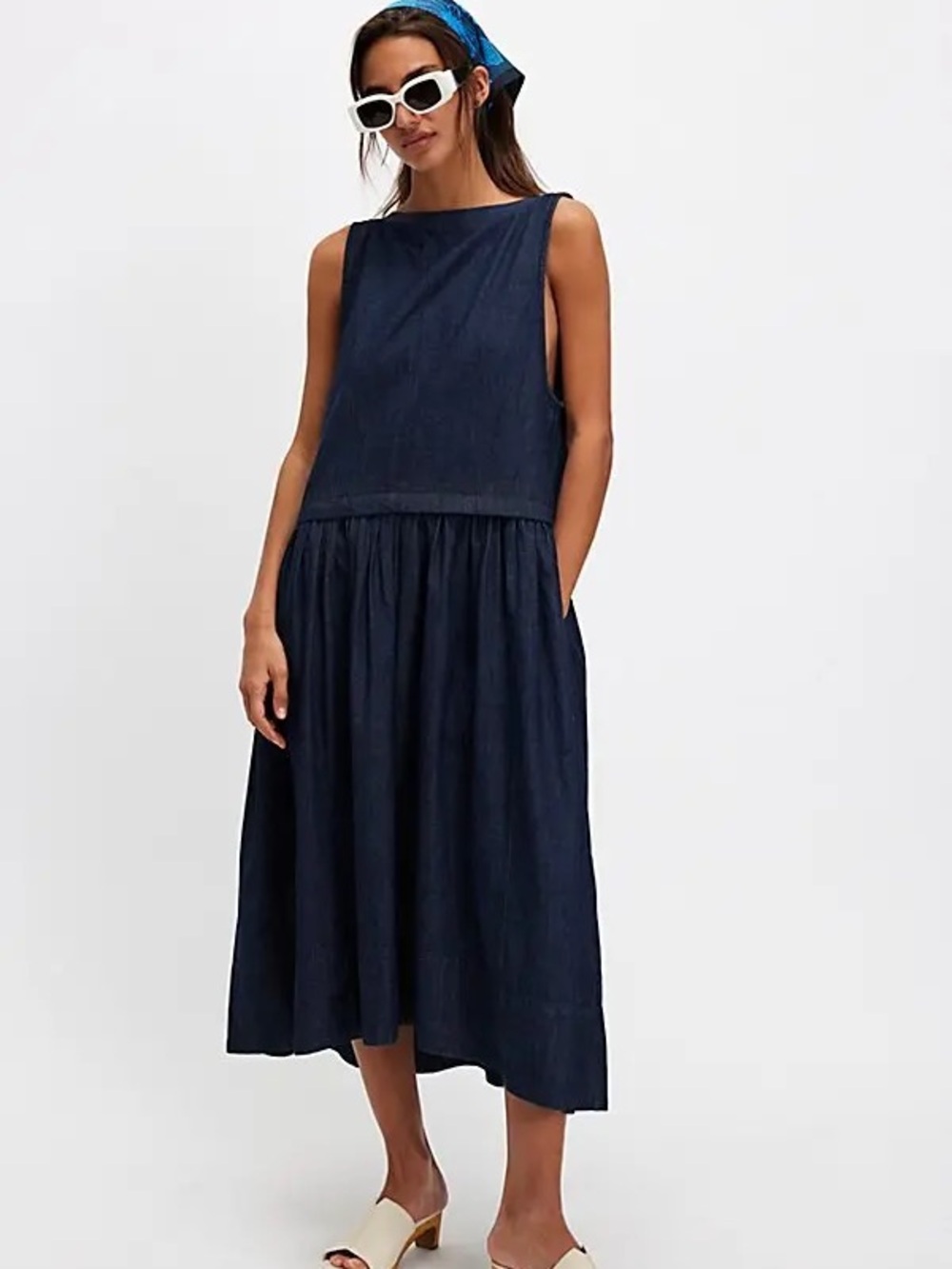 Free People Retro 90s Soraya Dark Denim Drop Waist Midi Jumper Dress Size Medium - Picture 13 of 13